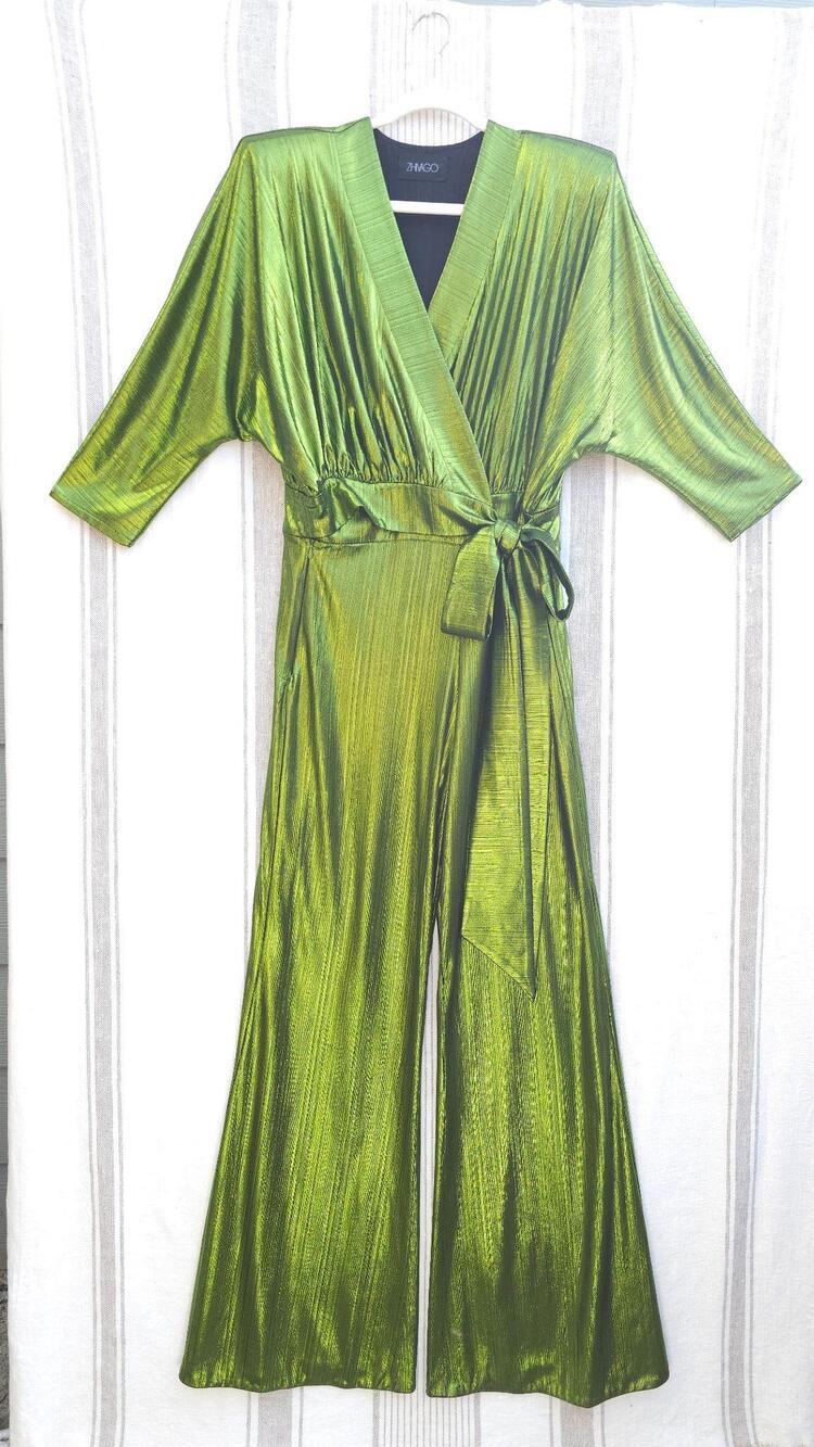 ZHIVAGO Picture This Jumpsuit Womens 10 Apple Green Metallic Wide Leg Disco
